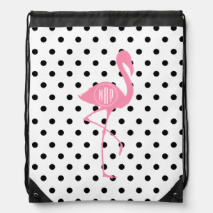 Monogrammed Pink Flamingo + Black Polka Dot Drawstring Bag