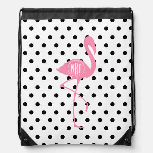 Monogrammed Pink Flamingo  Black Polka Dot Drawstring Bag