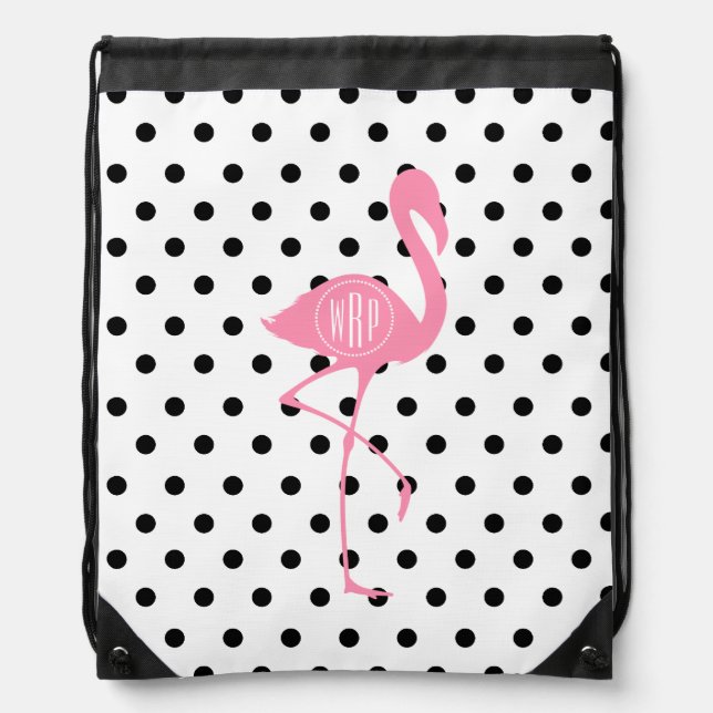 Monogrammed Pink Flamingo + Black Polka Dot Drawstring Bag (Front)