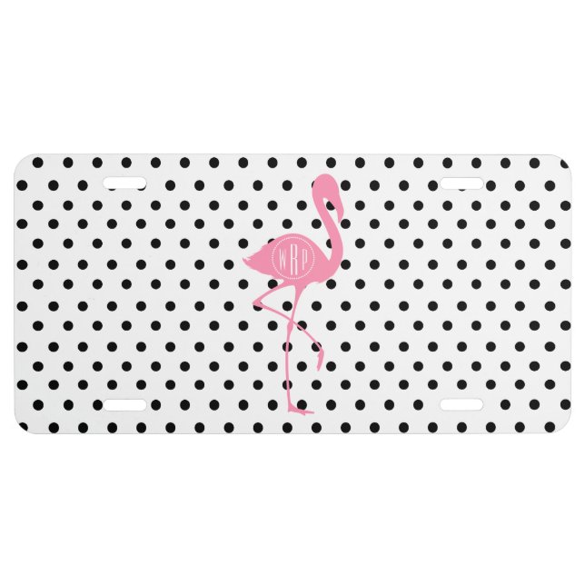 Monogrammed Pink Flamingo + Black Polka Dot License Plate (Front)