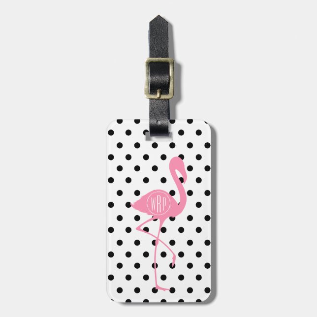 Monogrammed Pink Flamingo + Black Polka Dot Luggage Tag (Front Vertical)