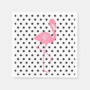Monogrammed Pink Flamingo + Black Polka Dot Paper Napkins