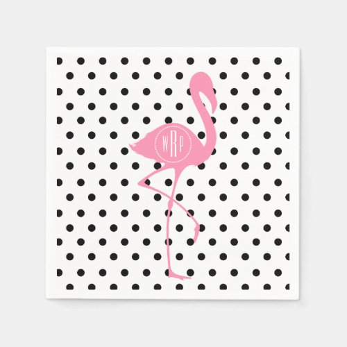 Monogrammed Pink Flamingo  Black Polka Dot Paper Napkins