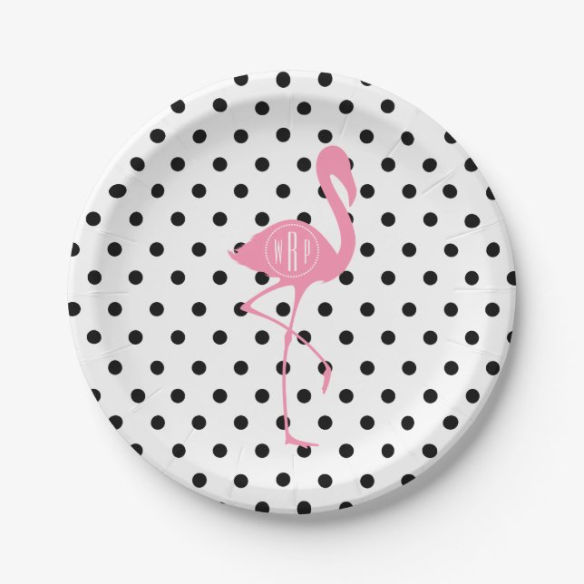 Monogrammed Pink Flamingo + Black Polka Dot Paper Plates (Front)