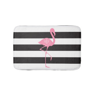 Monogrammed Pink Flamingo + Black + White Stripes Bath Mat