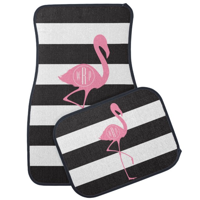 Monogrammed Pink Flamingo + Black + White Stripes Car Mat (Set)
