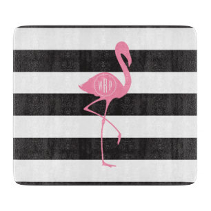 Monogrammed Pink Flamingo + Black + White Stripes Cutting Board
