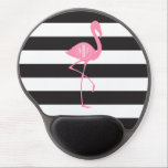 Monogrammed Pink Flamingo   Black   White Stripes Gel Mouse Pad<br><div class="desc">A gift featuring an illustration of a pink flamingo silhouette.  Personalize with your monogram inside circle on flamingo's body.  Background is black and white stripes.</div>