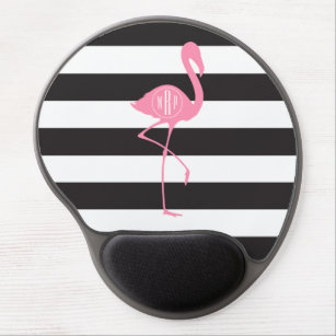 Monogrammed Pink Flamingo + Black + White Stripes Gel Mouse Pad