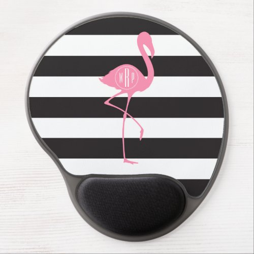 Monogrammed Pink Flamingo  Black  White Stripes Gel Mouse Pad
