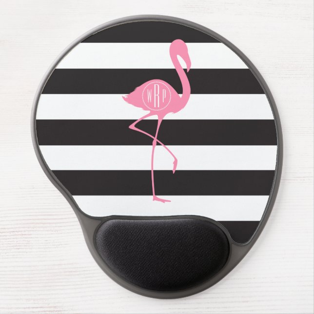 Monogrammed Pink Flamingo + Black + White Stripes Gel Mouse Pad (Front)
