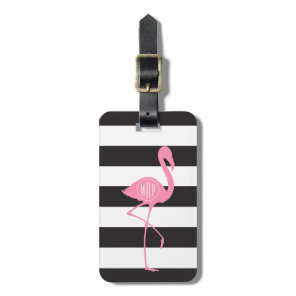 Monogrammed Pink Flamingo + Black + White Stripes Luggage Tag