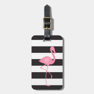 Monogrammed Pink Flamingo + Black + White Stripes Luggage Tag