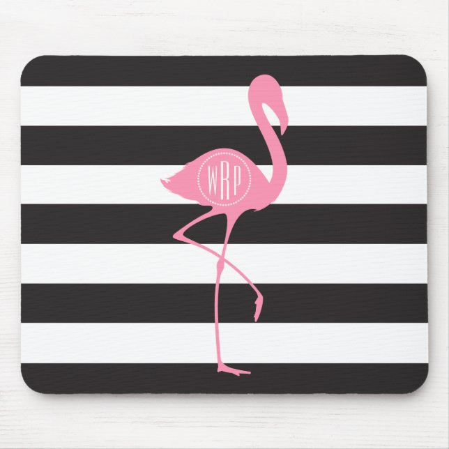 Monogrammed Pink Flamingo + Black + White Stripes Mouse Pad (Front)