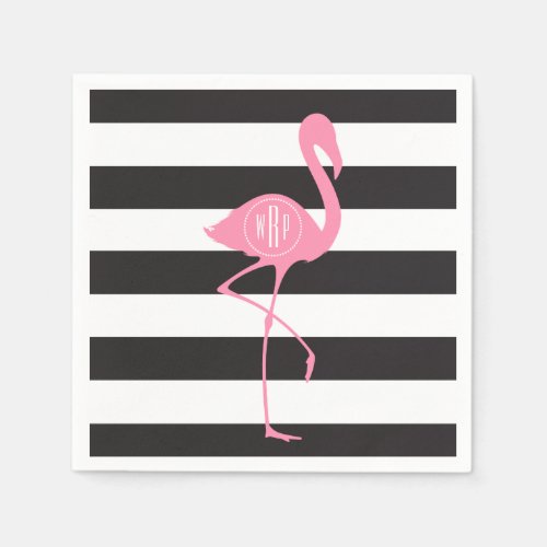 Monogrammed Pink Flamingo  Black  White Stripes Napkins