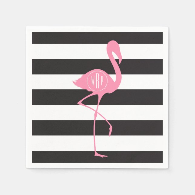 Monogrammed Pink Flamingo + Black + White Stripes Napkins (Front)
