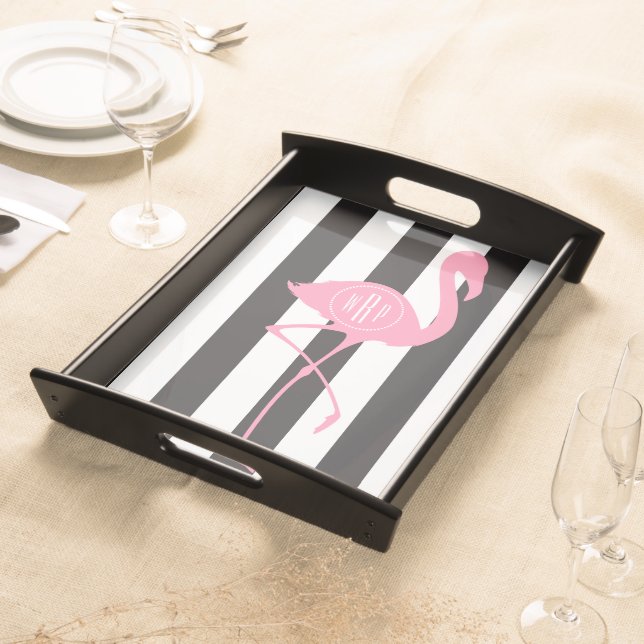 Monogrammed Pink Flamingo + Black + White Stripes Serving Tray (Front)