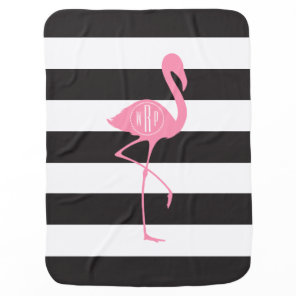 Monogrammed Pink Flamingo + Black + White Stripes Swaddle Blanket