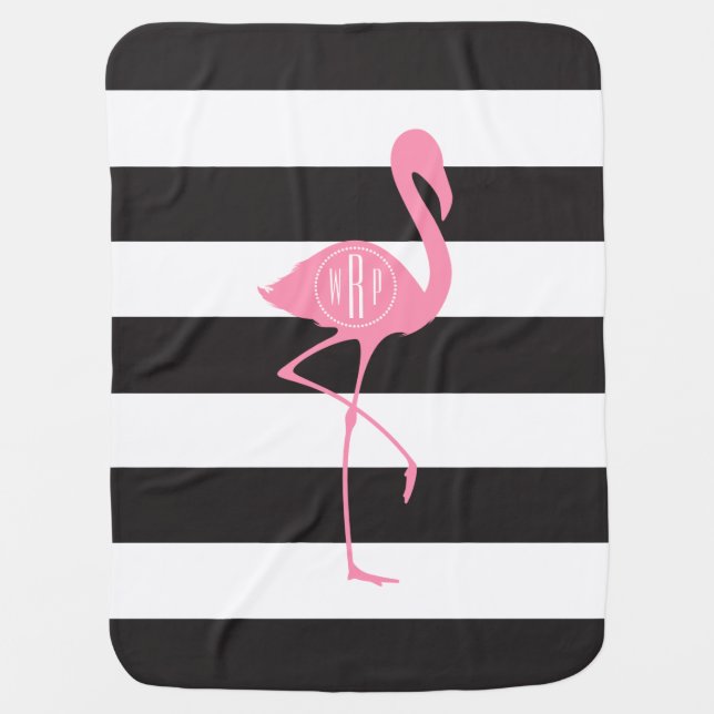 Monogrammed Pink Flamingo + Black + White Stripes Swaddle Blanket (Front)