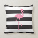 Monogrammed Pink Flamingo   Black   White Stripes Throw Pillow<br><div class="desc">A gift featuring an illustration of a pink flamingo silhouette.  Personalize with your monogram inside circle on flamingo's body.  Background is black and white stripes.</div>