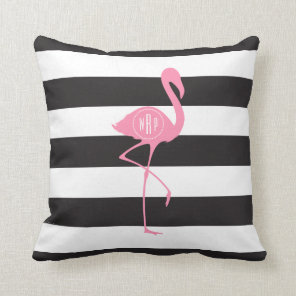Monogrammed Pink Flamingo + Black + White Stripes Throw Pillow