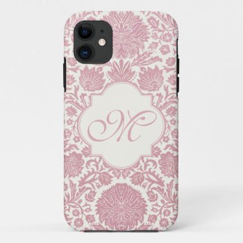 Monogrammed Pink Floral Damask Iphone 11 Case by JoyMerrymanStore at Zazzle