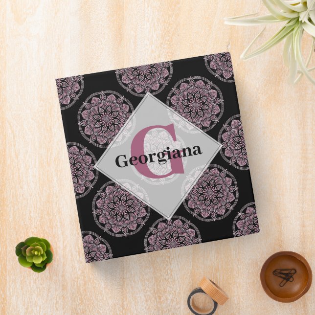 Monogrammed Pink Floral Fronds Polka Dot Mandala 3 Ring Binder (In Situ)