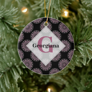 Monogrammed Pink Floral Fronds Polka Dot Mandala Ceramic Ornament
