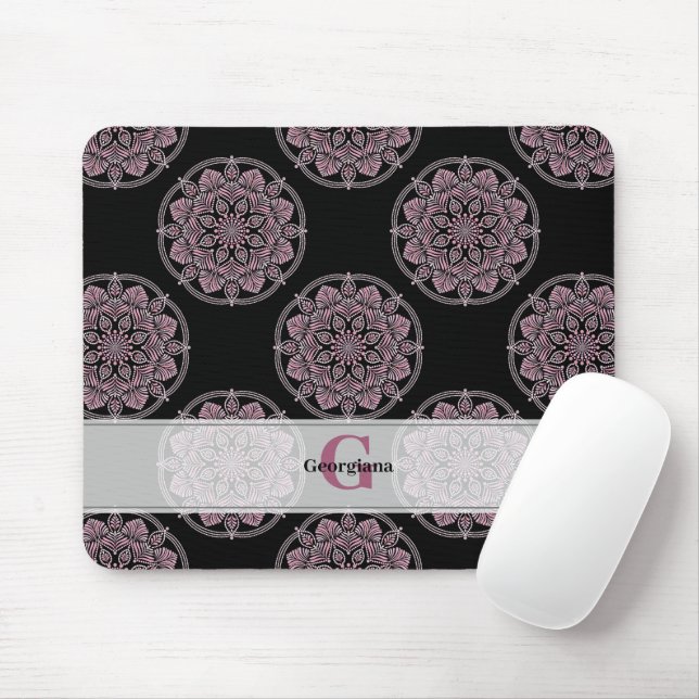 Monogrammed Pink Floral Fronds Polka Dot Mandala Mouse Pad (With Mouse)