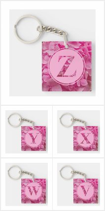 Monogrammed Pink Floral Hydrangea Keychains
