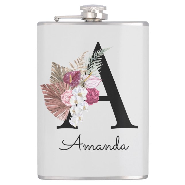 Monogrammed Pink Floral Initial A Flask (Front)