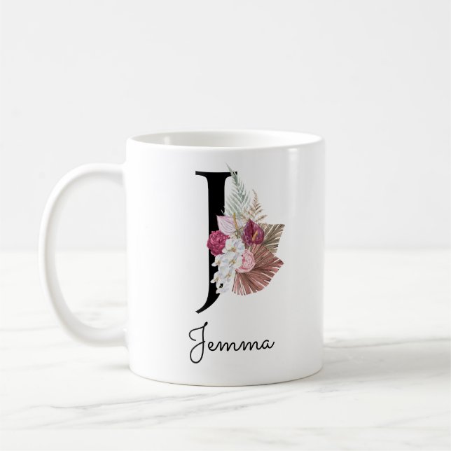 Monogrammed Pink Floral Initial J Coffee Mug (Left)