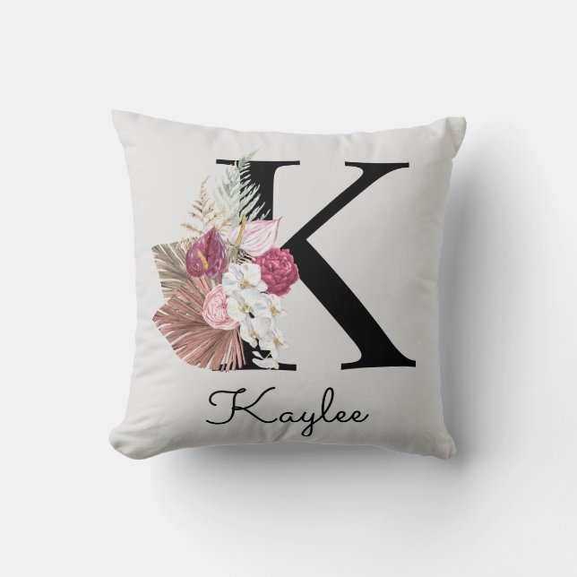 Monogrammed Pink Floral Initial K Throw Pillow (Front)