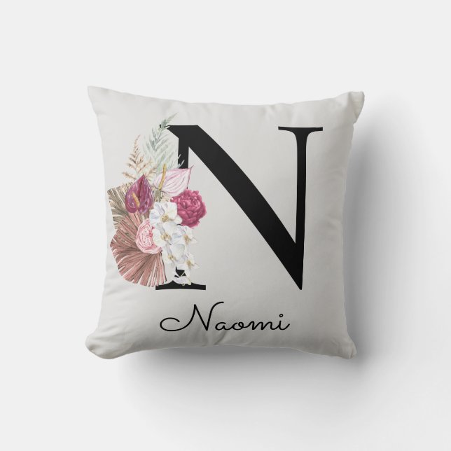Monogrammed Pink Floral Initial N Throw Pillow (Front)