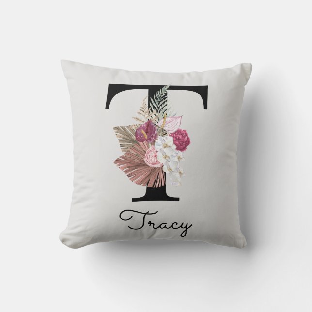 Monogrammed Pink Floral Initial T Throw Pillow (Front)