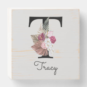 Monogrammed Pink Floral Initial T Wooden Box Sign