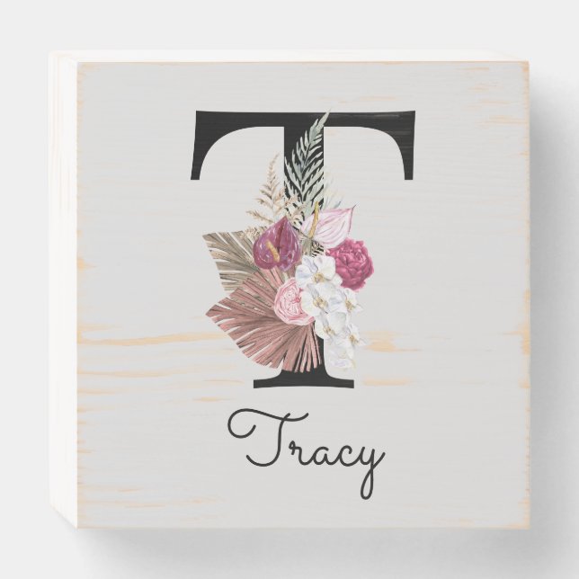 Monogrammed Pink Floral Initial T Wooden Box Sign (Front Horizontal)