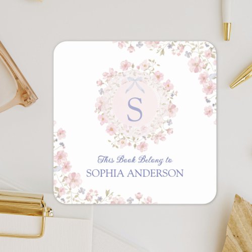 Monogrammed Pink Flower and Lace Floral Bookplate