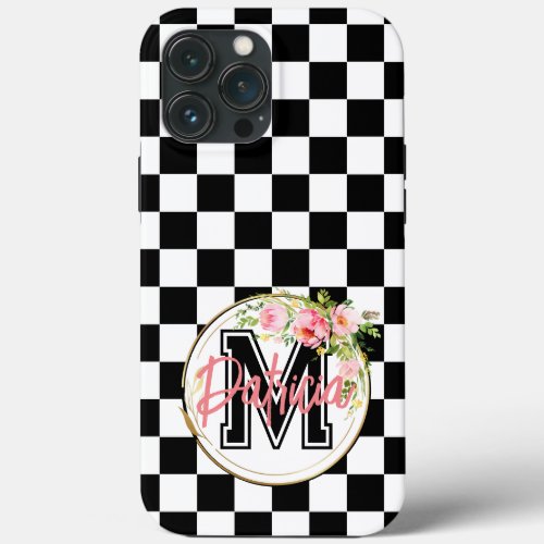Monogrammed pink Flower black and white Checkered iPhone 13 Pro Max Case