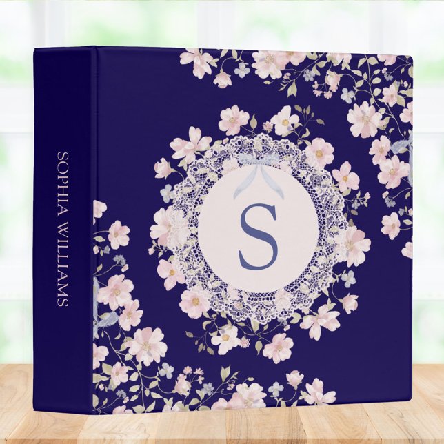 Monogrammed Pink Flowers and Lace Floral 3 Ring Binder (In situ)