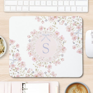 Monogrammed Pink Flowers and Lace Floral Mouse Pad