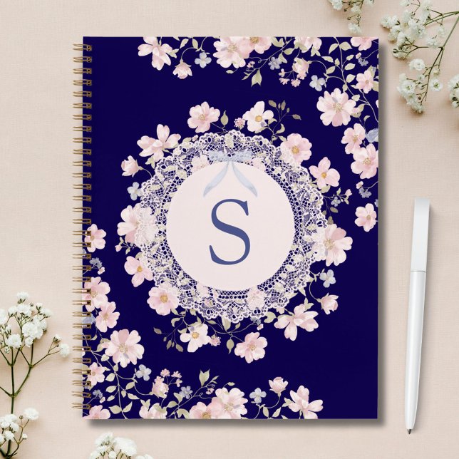 Monogrammed Pink Flowers and Lace Floral Notebook (In situ)