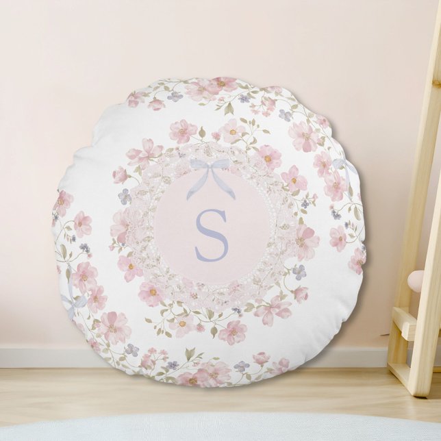 Monogrammed Pink Flowers and Lace Floral Round Pillow (In situ)