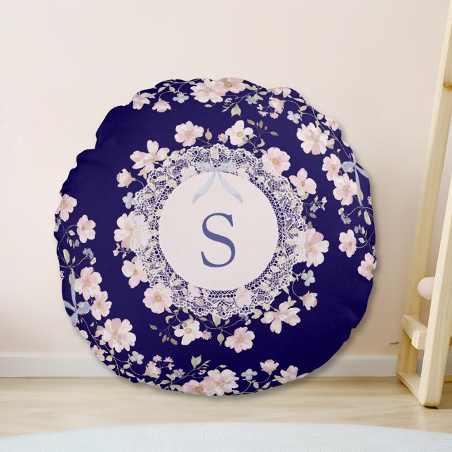 Monogrammed Pink Flowers and Lace Floral Round Pillow (In situ)