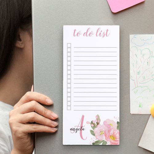 Monogrammed Pink Flowers To Do List Magnetic Notepad