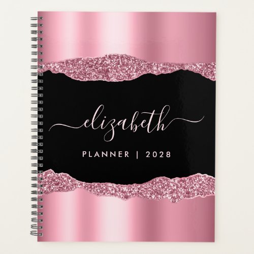 Monogrammed Pink Glitter Foil Black Planner