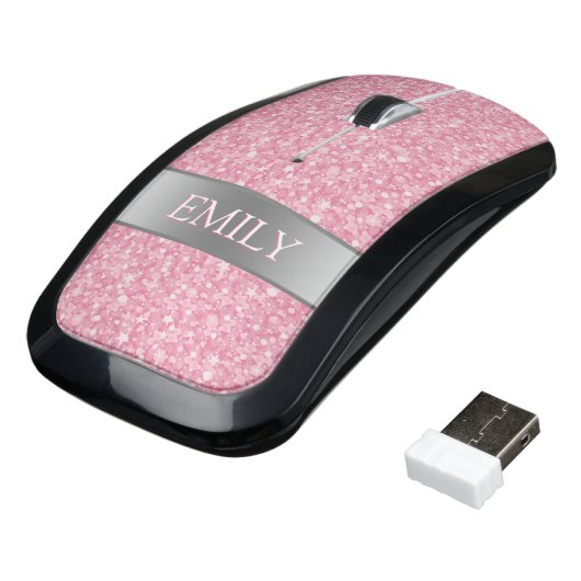 Monogrammed Pink Glitter Pattern Wireless Mouse (Angled)
