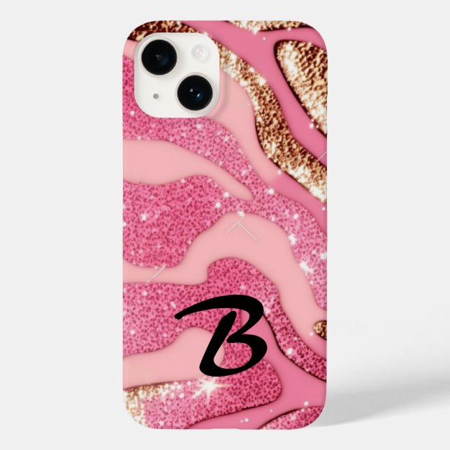 Monogrammed Pink Gold Agate Animal Glitter Case-Mate iPhone Case (Back)