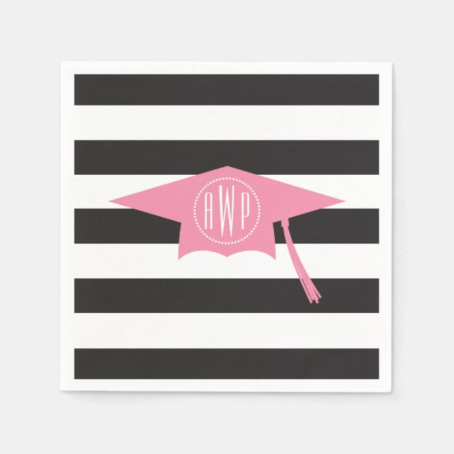 Monogrammed Pink Graduation Cap + Black Stripes Paper Napkins (Front)