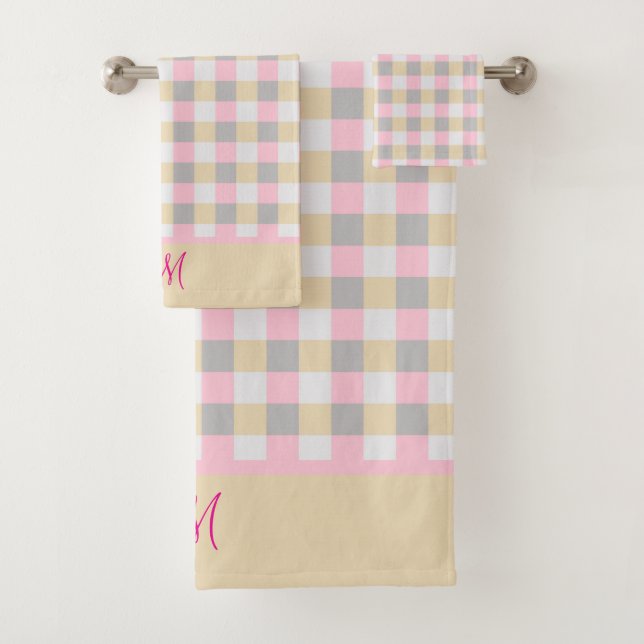 Monogrammed Pink Gray And Yellow Plaid  Bath Towel Set (Insitu)